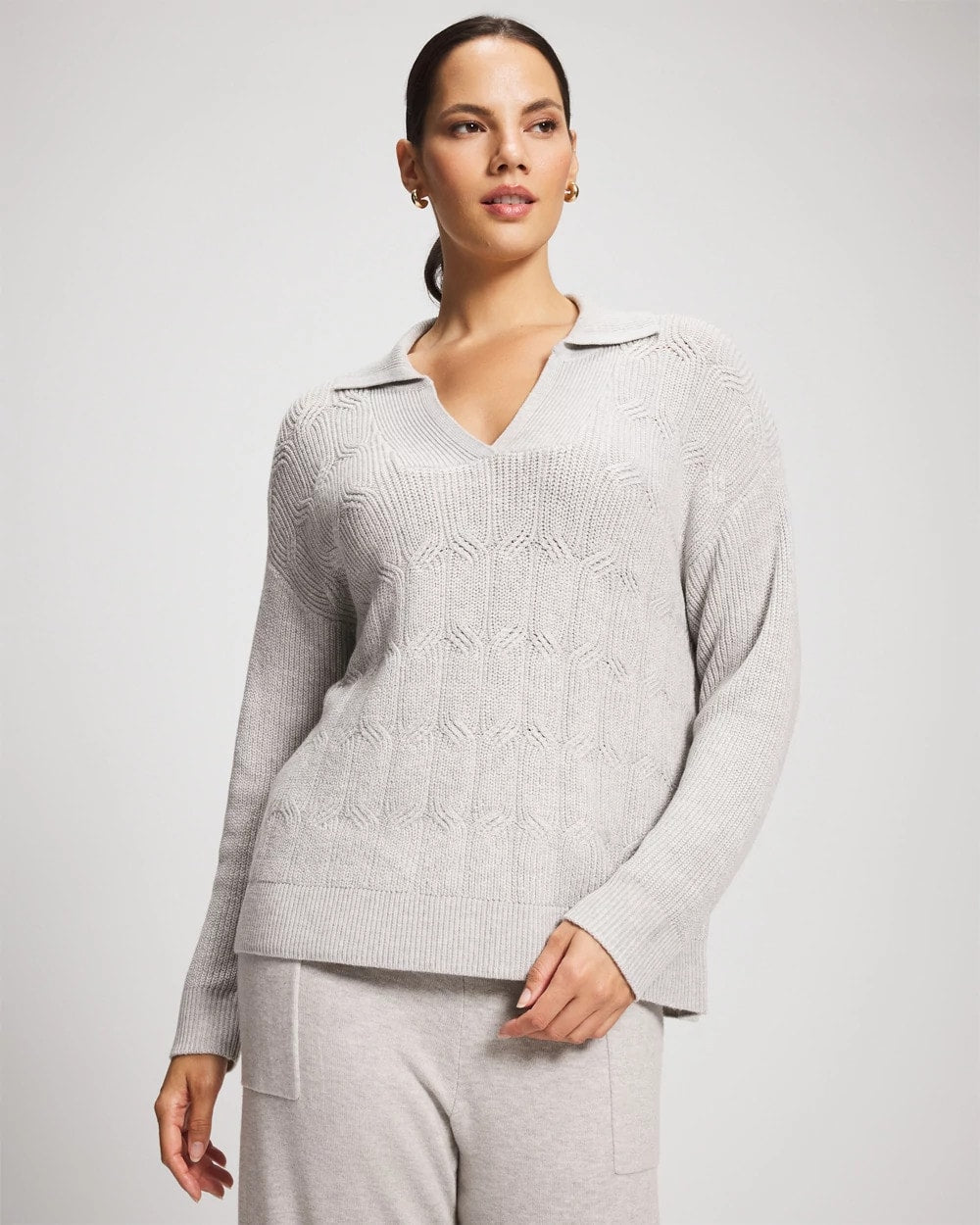 HEATHER STONE - Premier Knit Cable Knit Collared Sweater | Soma