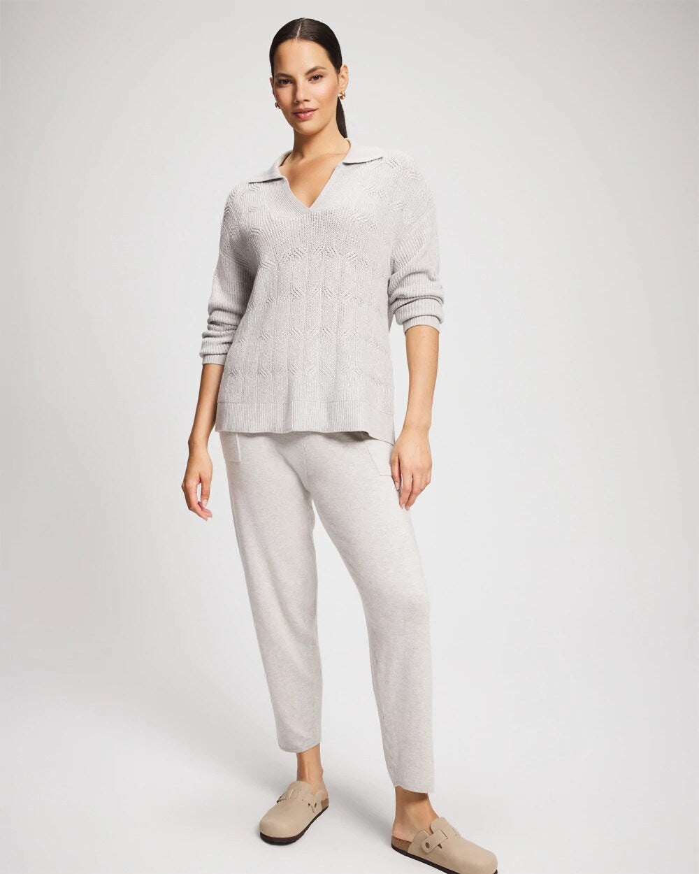 HEATHER STONE - Premier Knit Cable Knit Collared Sweater | Soma