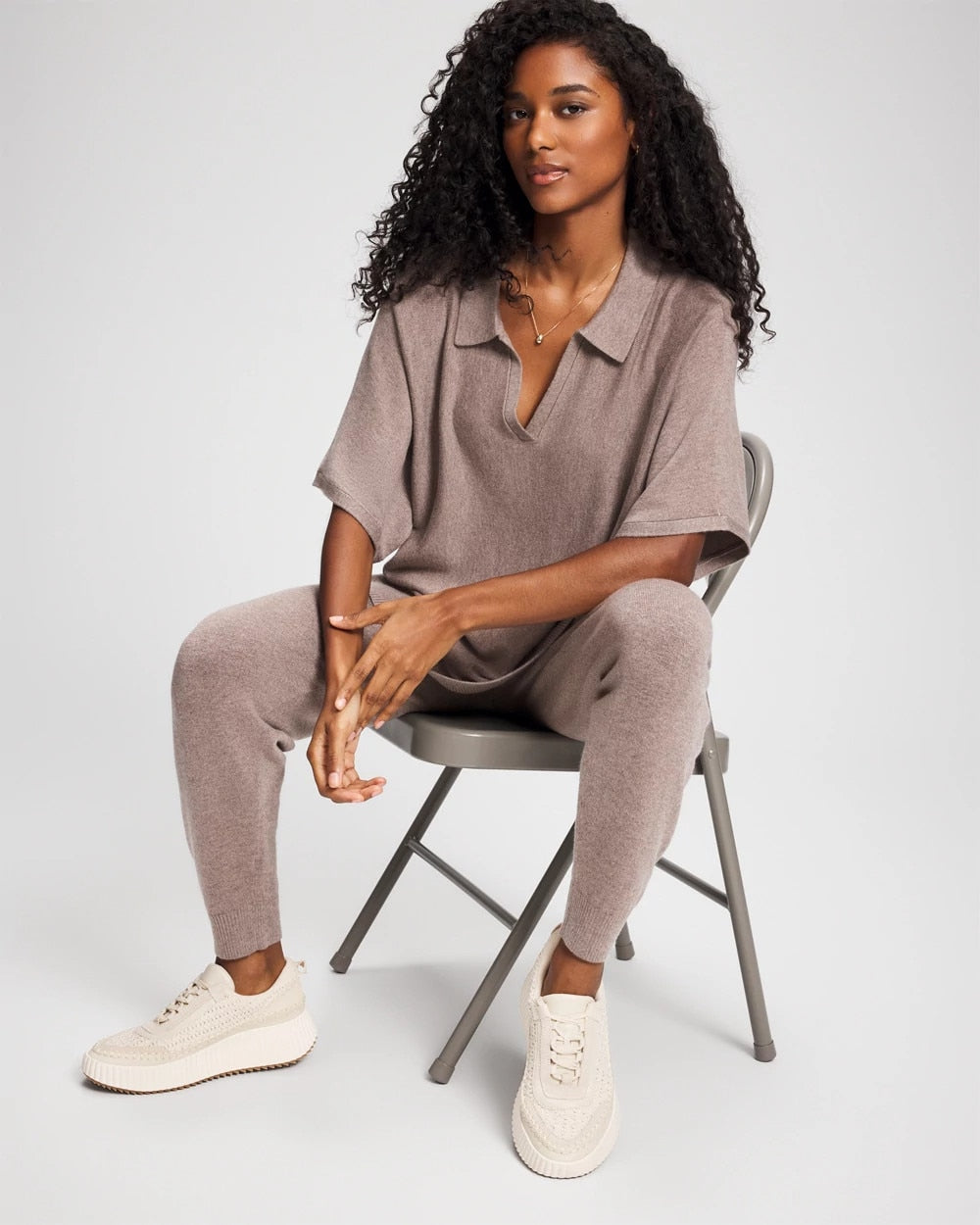 HEATHER FAWN - Premier Knit Sweater Collared Top | Soma
