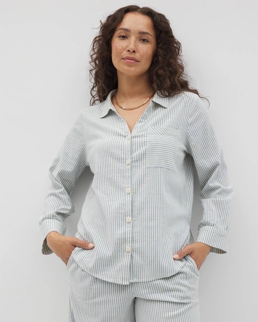 BLUE HEAVEN STRIPE - Beach Cotton Long Sleeve Button-Up | Soma