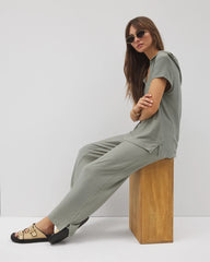 RESTORATION GREEN - Crinkle Knit Short Sleeve V-Neck Hoodie | Soma