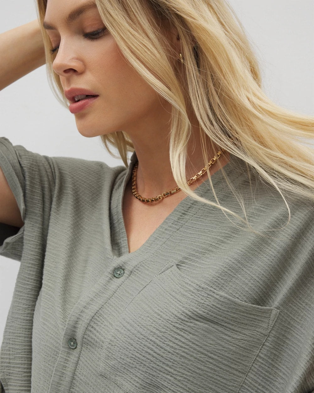 RESTORATION GREEN - Crinkle Knit Relaxed Button-Up Top | Soma