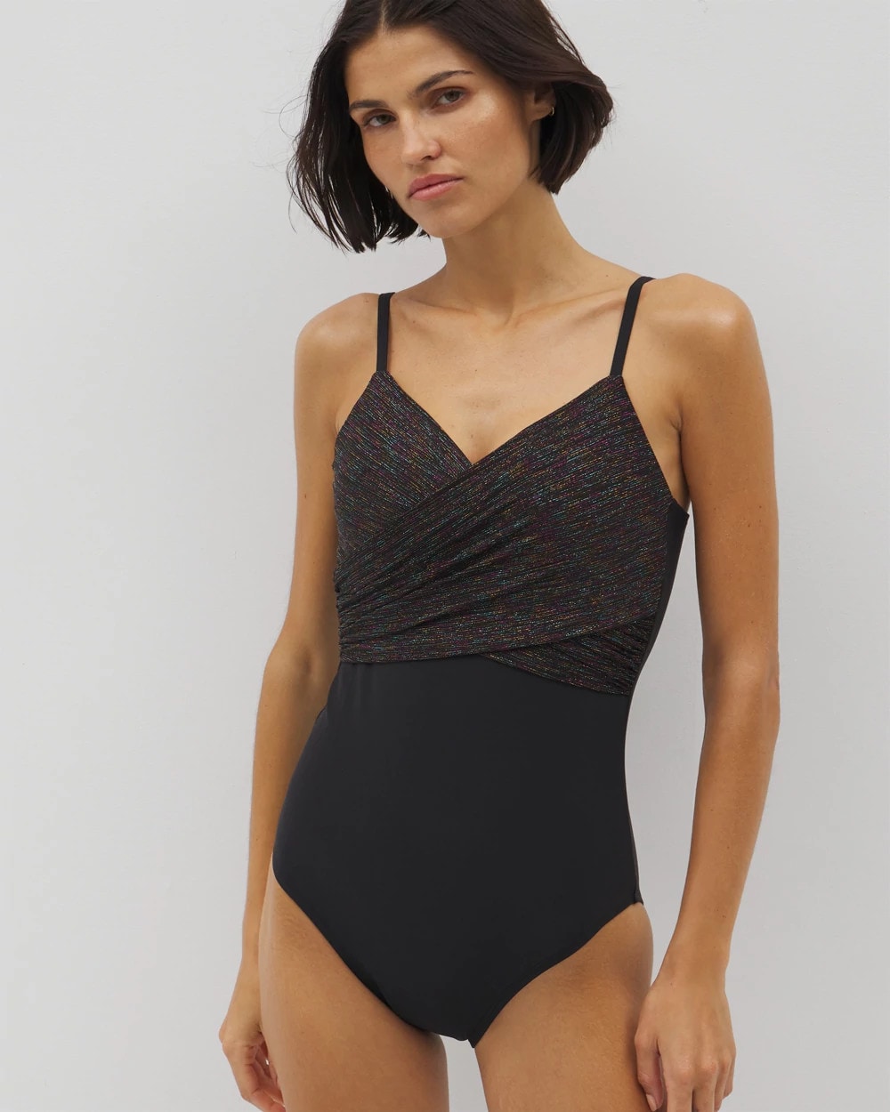 BLACK MULTI - Beyond Control Bright Lurex Draped Over the Shoulder One-Piece | Soma
