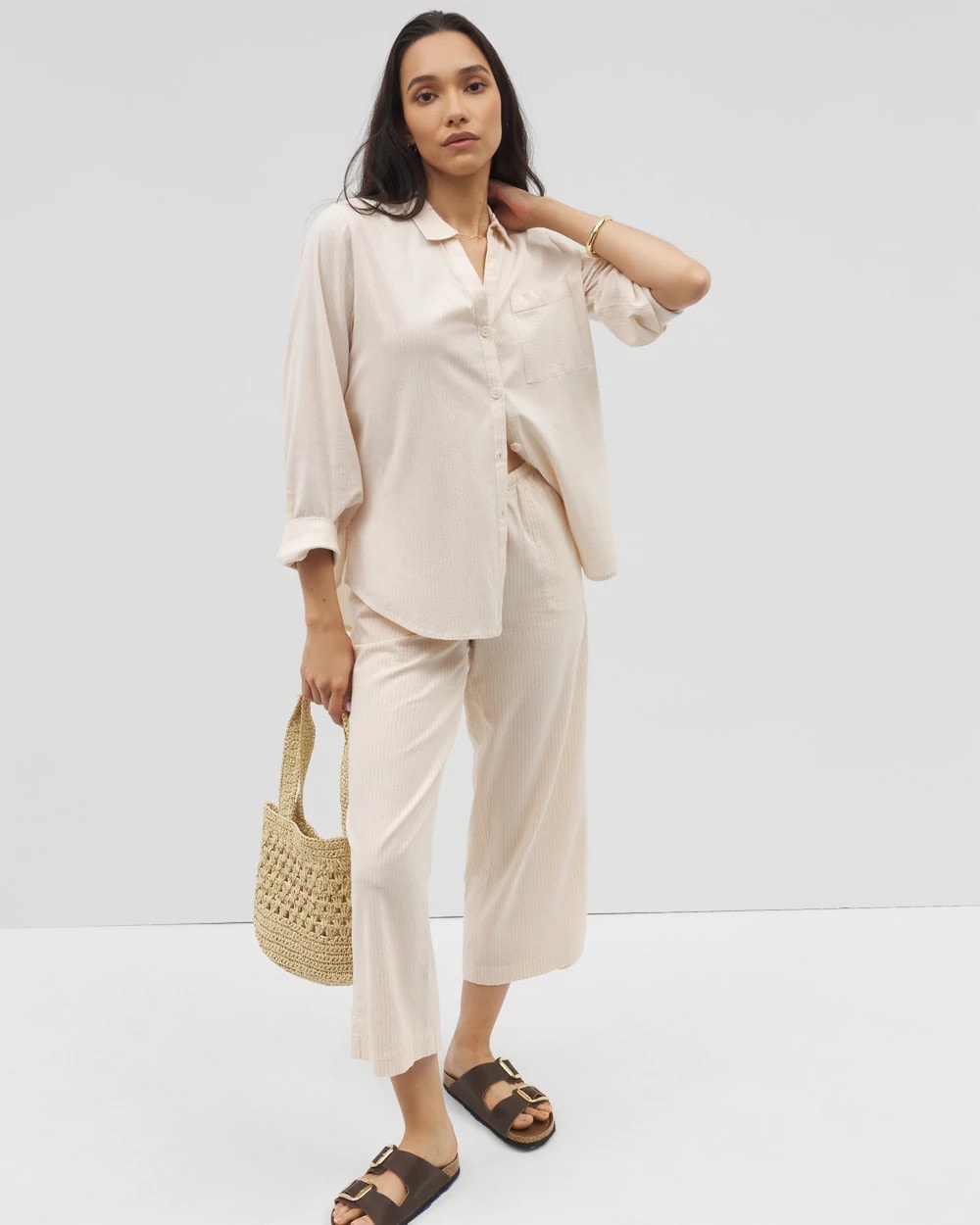 PALE SAND STRIPE - Beach Cotton Crop Pant | Soma