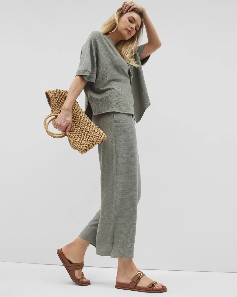 RESTORATION GREEN - Crinkle Knit Wide Leg Pant | Soma