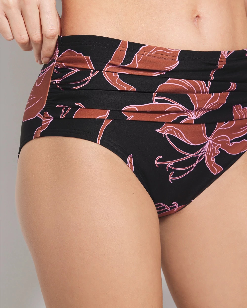 STAMPED TROPICS M BK BRN - Ruched High-Waist Bikini Bottom | Soma