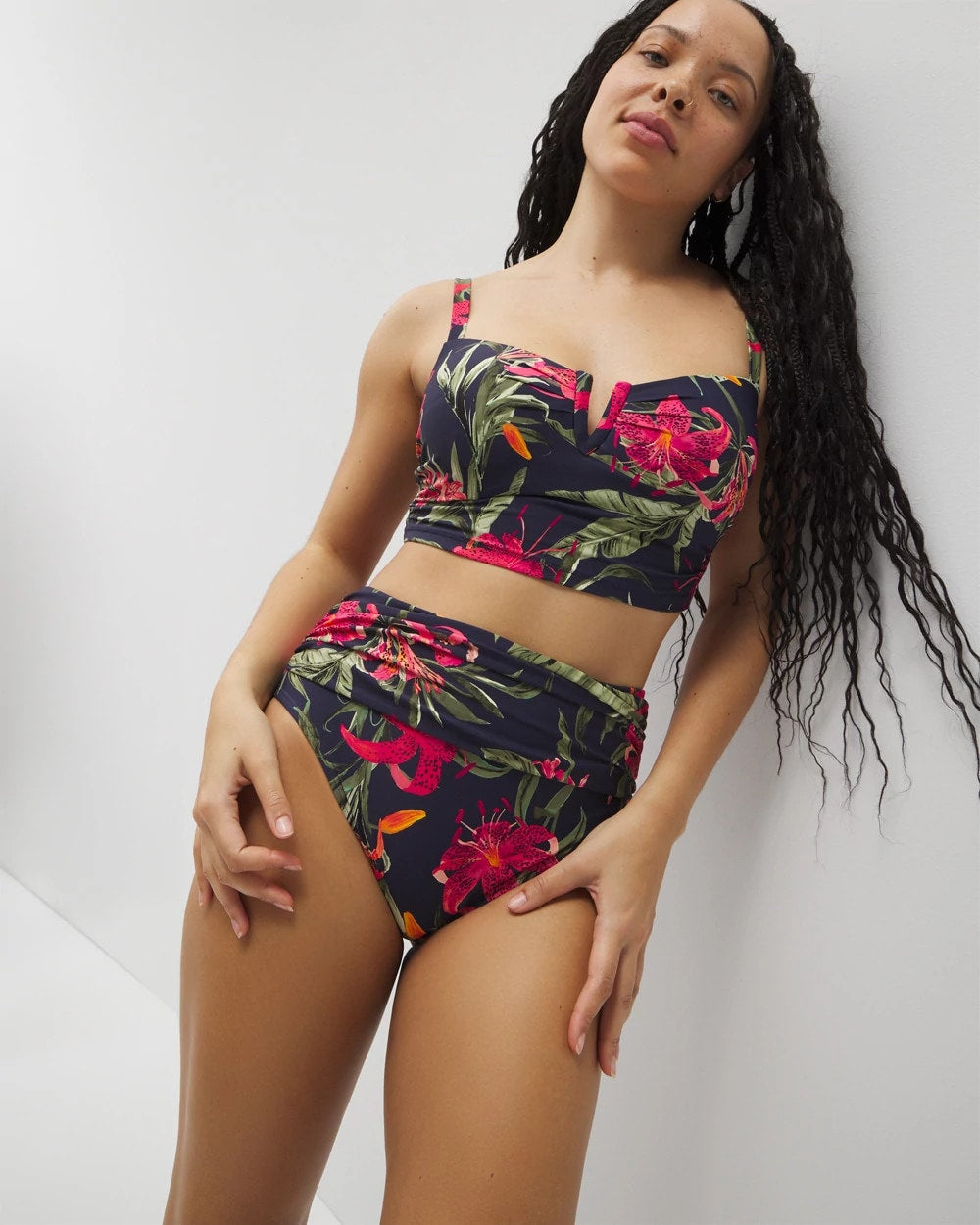 LE TIGRE TROPICAL NAVY - Soma Swim Ruched High-Waist Bikini Bottom | Soma