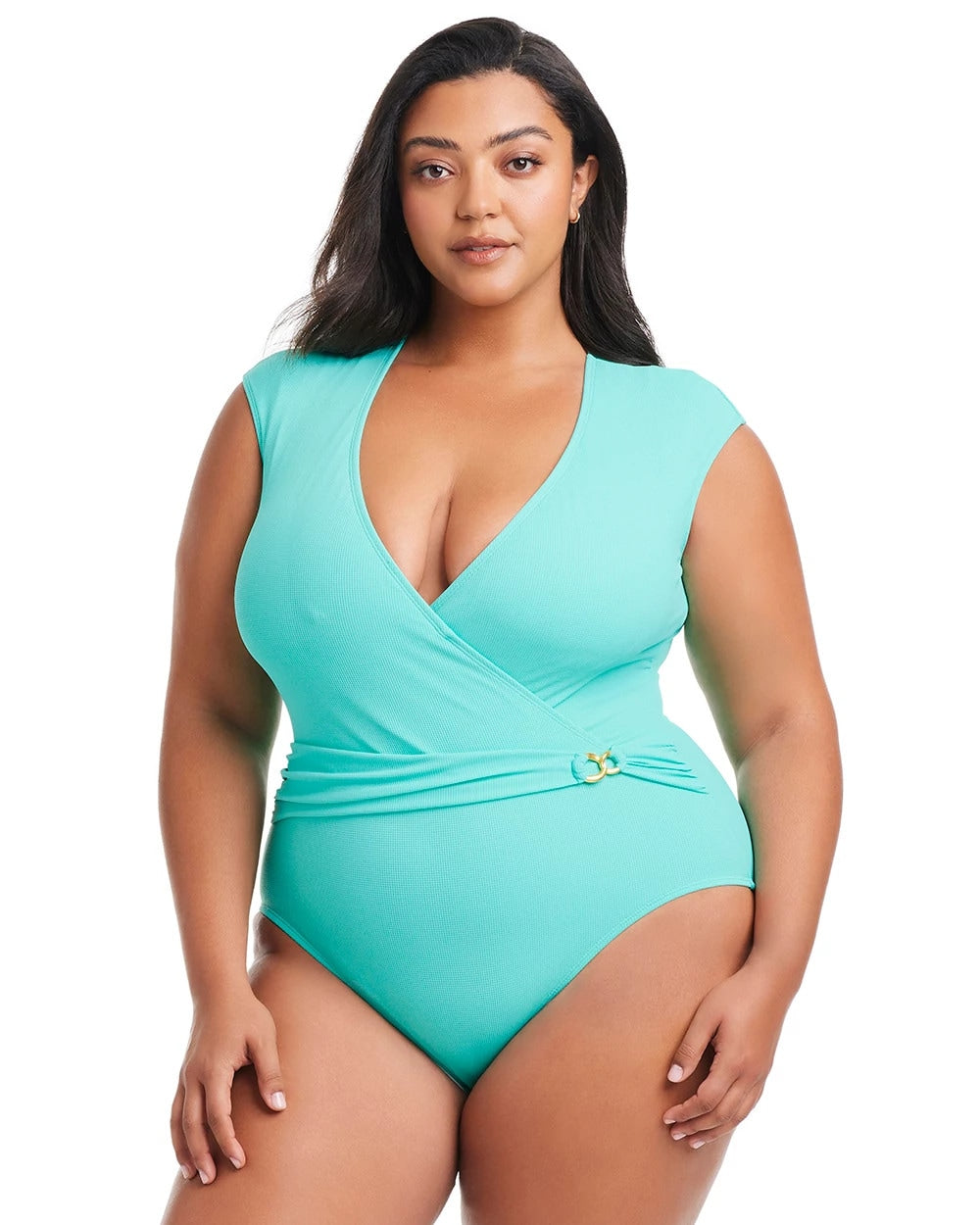 TAHITI TEAL - Pique Ole Cap Sleeve Surplice One Piece | Soma