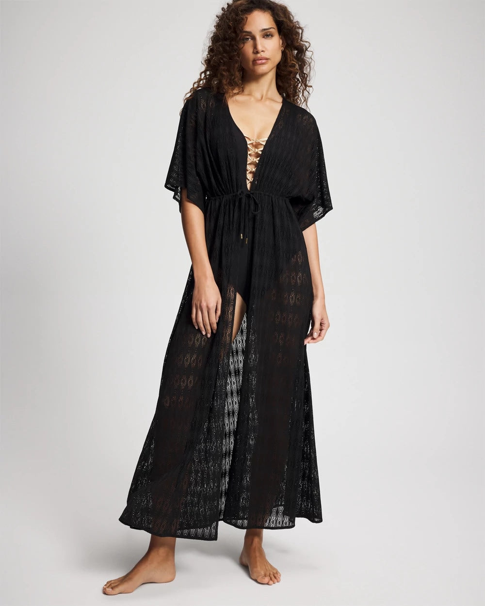 BLACK - Sunkissed Crochet Open-Front Caftan | Soma